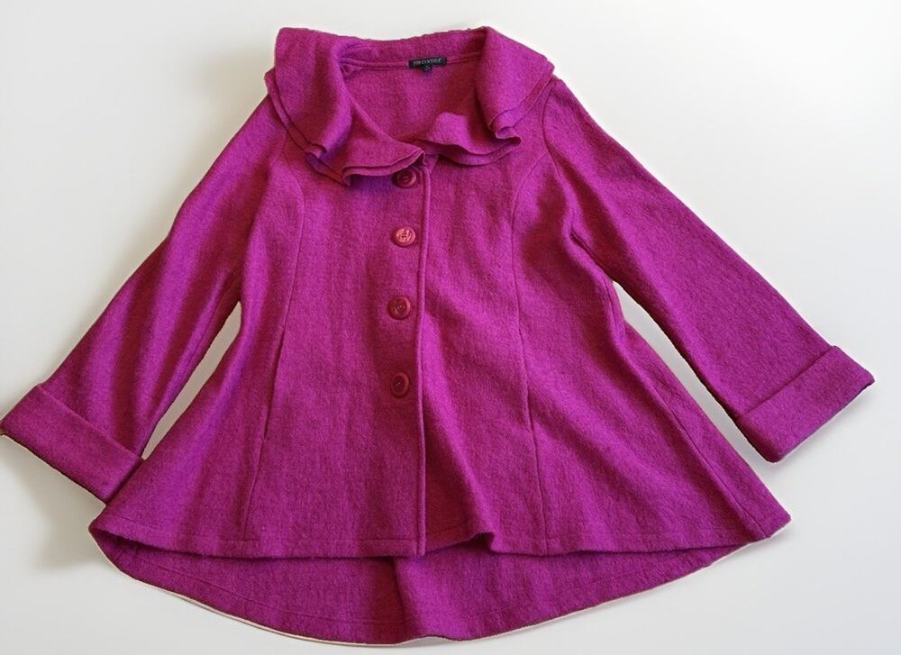 Women's For Cynthia Wool Hot Pink Double Petal Collar Pockets Button Up Cuffed S